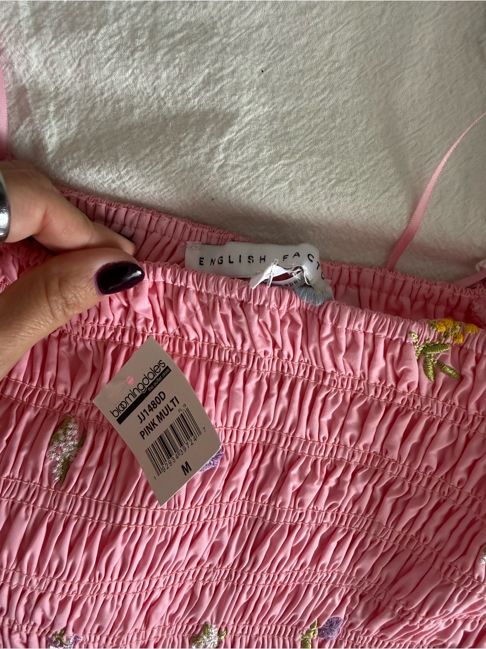 English Factory Pink Embroidered Smocked Floral Balloon Sleeve Dress